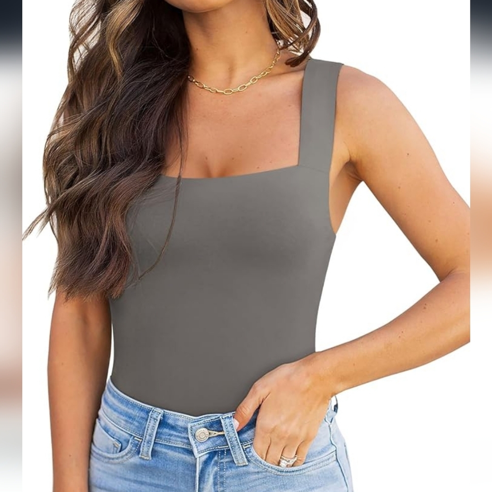 Gray Square Neck Stretchy Leotard Women's Tank Top Bodysuit